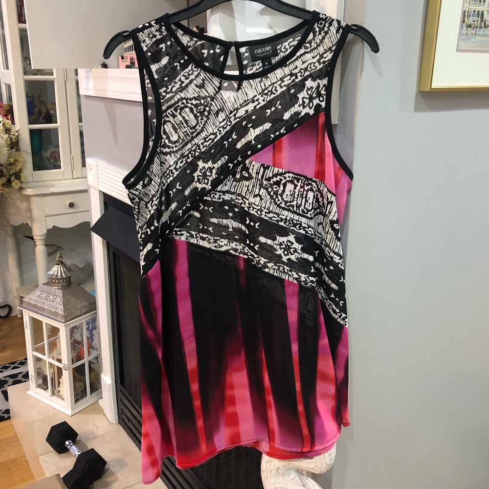Nicole by Nicole Miller Sleeveless Asymmetrical Abstract Blouse Shirt Top
